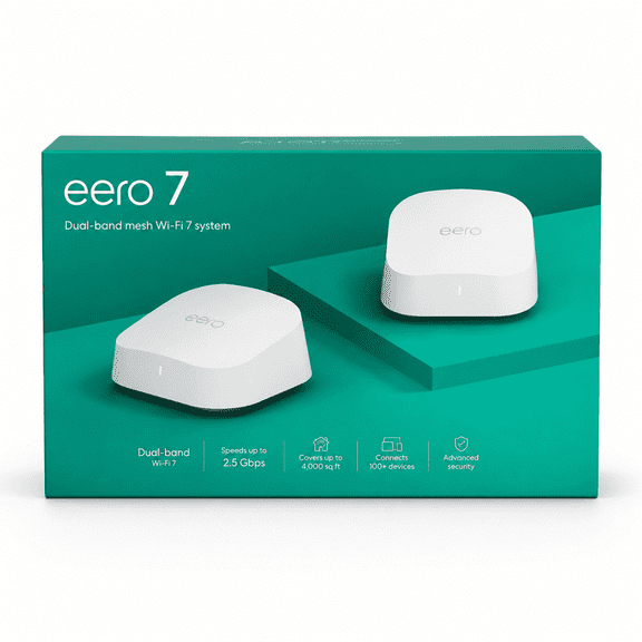 eero 7 Dual-Band Wi-Fi 7 Mesh Router with 2 AC Power Adapters, 1 Ethernet Cable, 2 Count