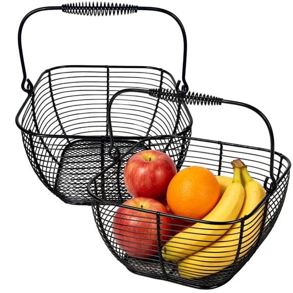 2 Pcs Square Egg Baskets, Black Metal Wire Egg Storage Baskets with Handles, Farmhouse Countertop Collecting Holders for Kitchen Fruit Vegetable Storage