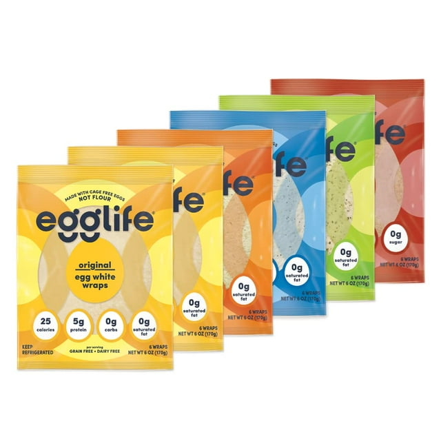 egglife foods, egg white wraps, 6 6 packs, 2 Original, 1 Everything Bagel, 1 Southwest, 1