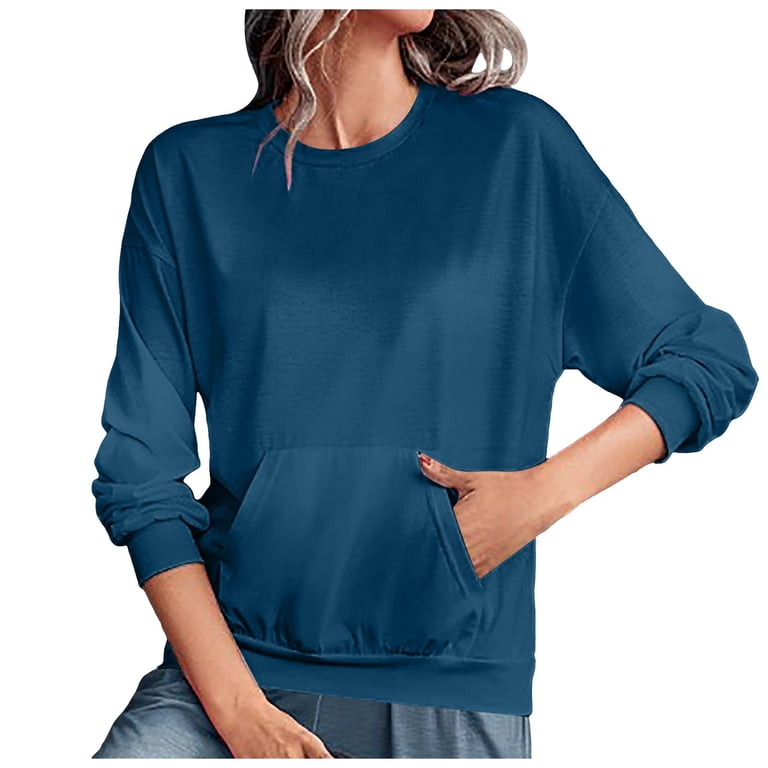 Women's Long Sleeve Pullover Casual Color Block Sweatshirt Trendy Crew Neck Pocket, A01# Green, S