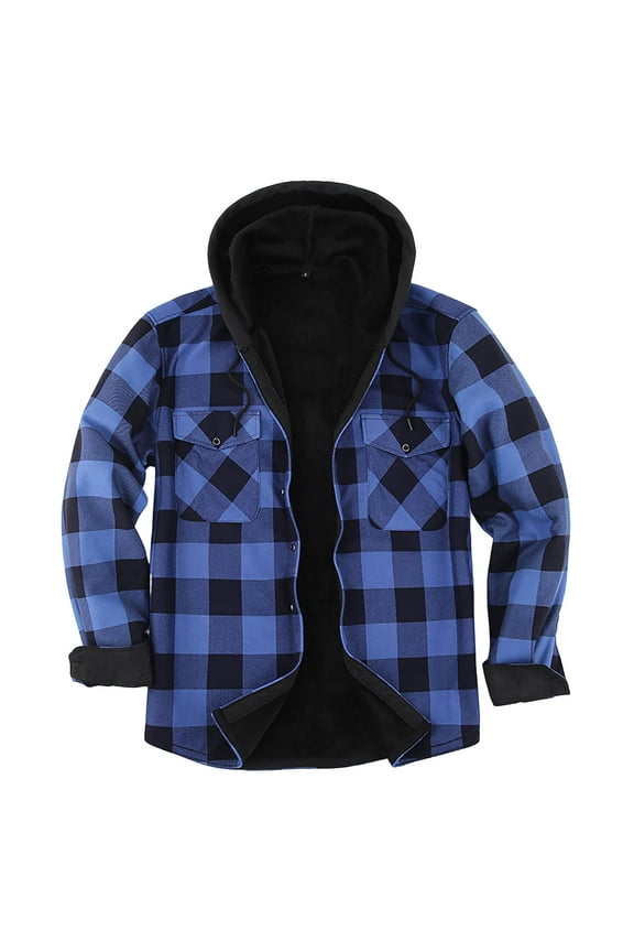 Men's Full Zip Hooded Flannel Jacket Button Cotton Plaid Jacket Outdoor Coat for Men,Blue L