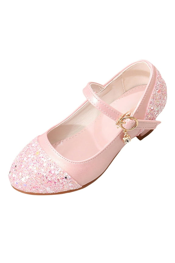 Girls Glitter Low Heels Dress Pump Flower Girl Sequin Mary Jane Wedding Party Princess Bow Dress Shoes for Toddler Little Kid Big Kid,Pink 1