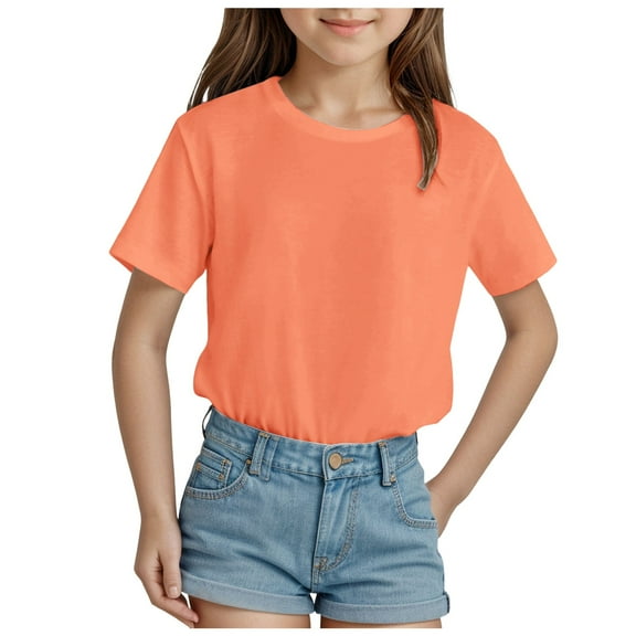 eileial Girls Shirts Cotton Short Sleeve Shirts for Girls Kids T-Shirts Tees Summer Tops,Orange 7-8 Years