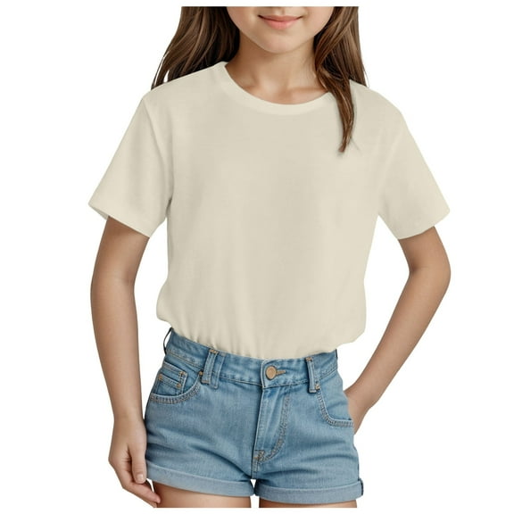 eileial Girls Shirts Cotton T Shirts Kids Crew Neck Tops Summer Short Sleeve Tees for Girls,Beige 5-6 Years