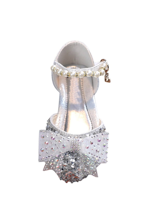 Girls Sparkle Mary Jane Pumps Toddler Little Girls Heels Mary Jane Princess Shoes with interchangeable Bow for Flower Girl Wedding Party,Silver 6