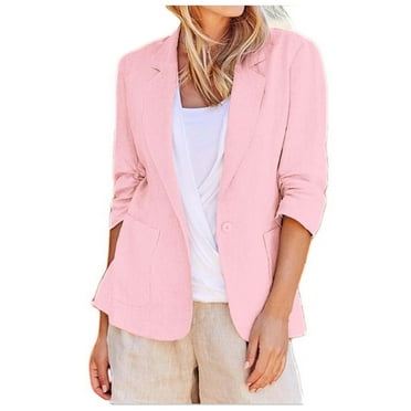 eileial Linen Blazer Women 3/4 Sleeve Ruched Lined Suit Stretchy Lightweight Casual Dressy Work Summer Jackets with Pockets,Light Pink L