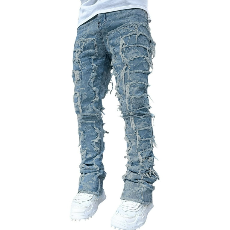 eileial Men Regular Stacked Jeans Patch Distressed Destroyed