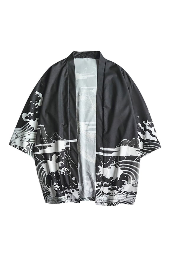 Men's Kimono Cardigan Jackets Casual Long Sleeve Open Front Coat Lightweight Yukata Outwear,Black XL