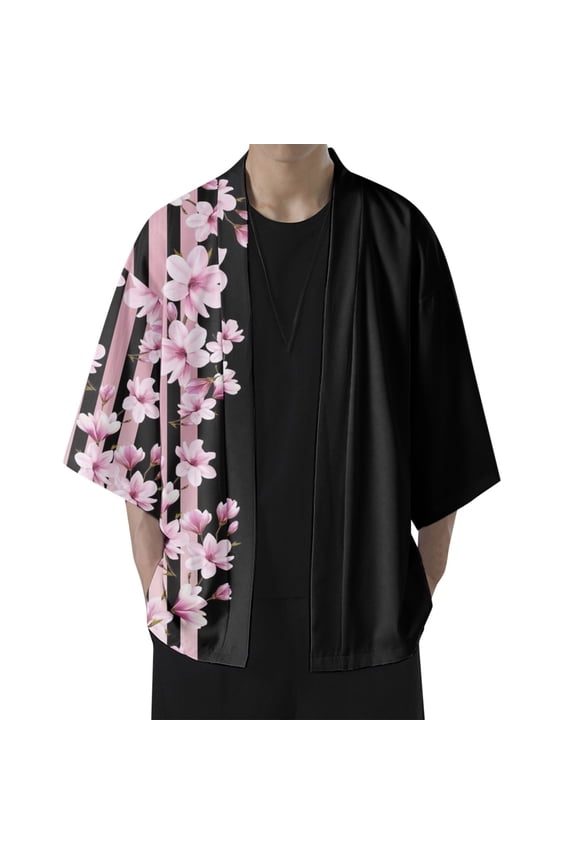 Men's Kimono Cardigan Jackets Casual Long Sleeve Open Front Coat Lightweight Yukata Outwear,Pink L