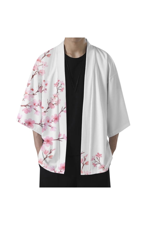 Men's Kimono Cardigan Jackets Casual Long Sleeve Open Front Coat Lightweight Yukata Outwear,White XL