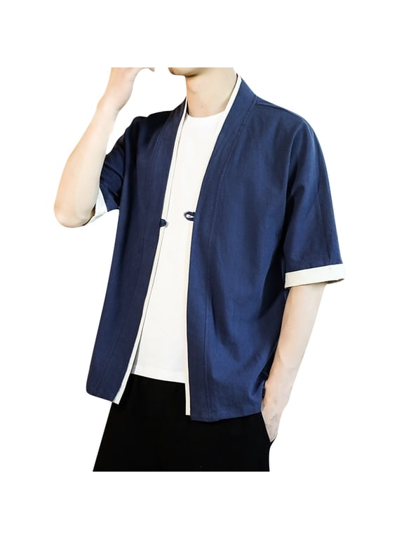 Men's Kimono Jacket Cardigan Yukata Noragi Casual Fashion Seven Sleeves Lightweight Open Front Coat,Navy L