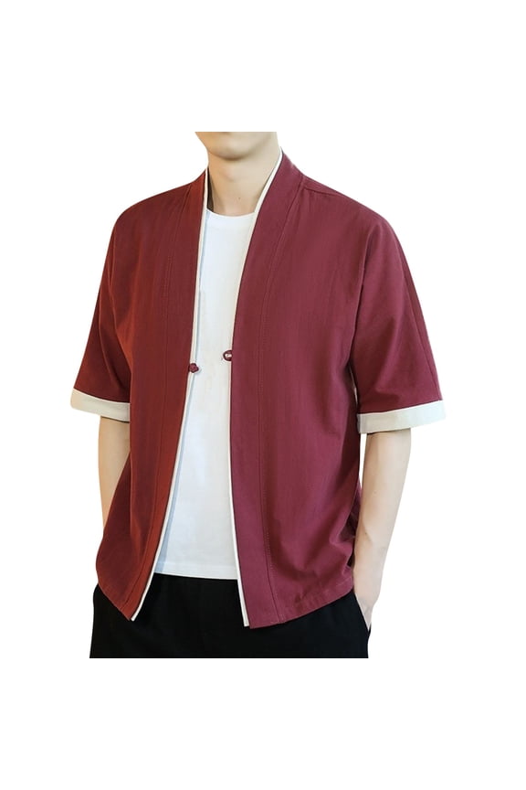 Men's Kimono Jacket Cardigan Yukata Noragi Casual Fashion Seven Sleeves Lightweight Open Front Coat,Red XL