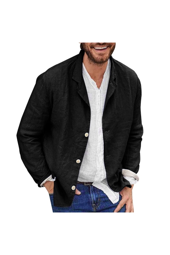 Men's Slim Fitting Linen Jacket Cotton Lightweight Button Blazer Casual Sport Button-Down Coat Lightweight Work Shacket,Black XXXL