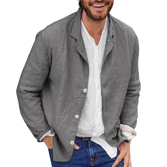 eileial Men's Slim Fitting Linen Jacket Cotton Lightweight Button Blazer Casual Sport Button-Down Coat Lightweight Work Shacket,Dark Gray L
