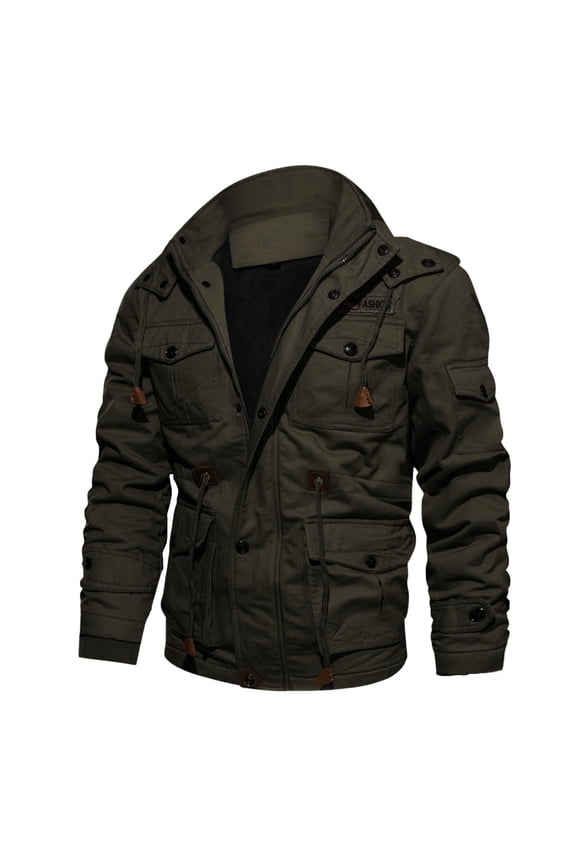 Men's Winter Jacket Cotton Military Jackets Fleece Lined Thick Work Coats Warm Cargo Jackets with Hooded,Green L