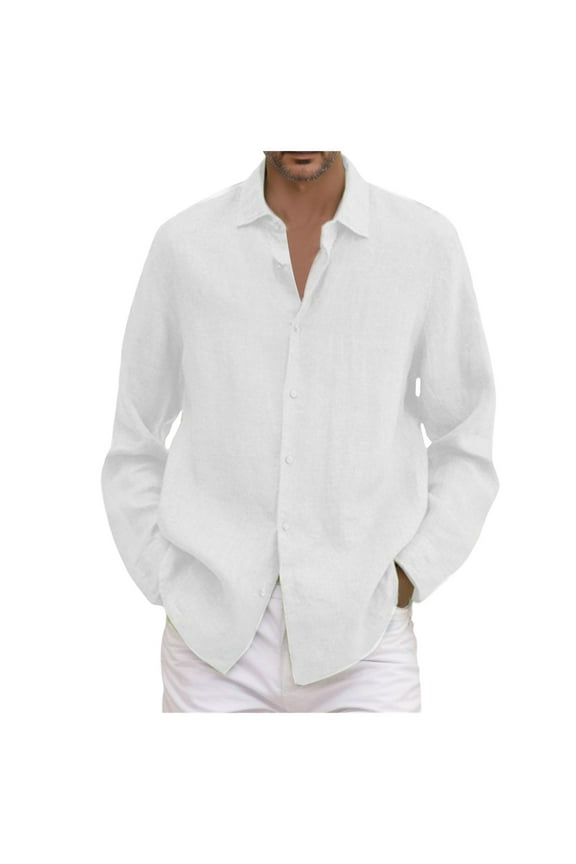 Mens Shirts Male Summer Cotton Linen Solid Casual Plus Size Loose Shirt Mens Turn Down Collar Long Sleeve Shirt Polo Shirts for Men,White L