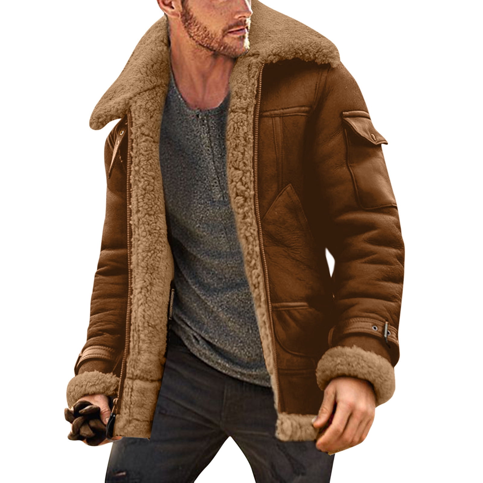 eileial Mens Leather Aviator Bomber Jackets Fashion Zipper Sherpa