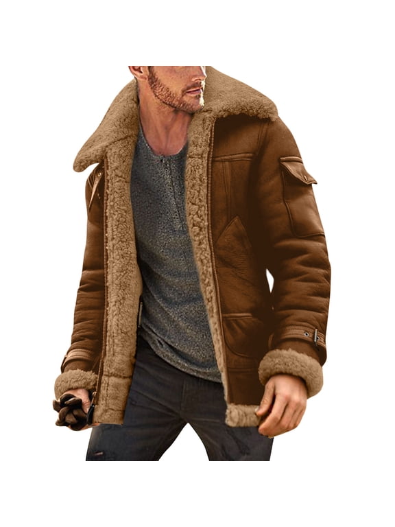 Mens Leather Aviator Bomber Jackets Fashion Zipper Sherpa Fleece Lined Trucker Jacket Winter Big and Tall Vintage Turndown Collar Coats,Khaki XXL