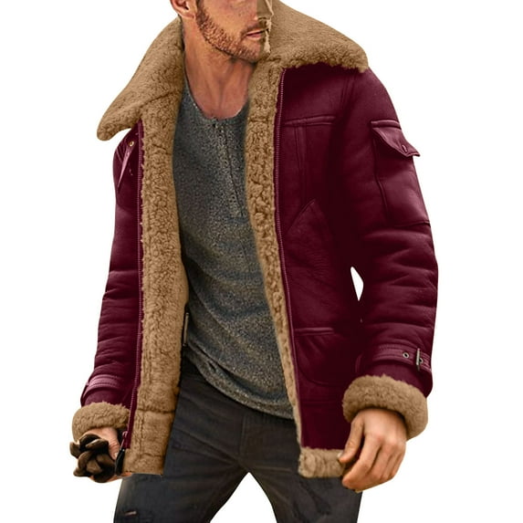 eileial Mens Leather Aviator Bomber Jackets Fashion Zipper Sherpa Fleece Lined Trucker Jacket Winter Big and Tall Vintage Turndown Collar Coats,Red L
