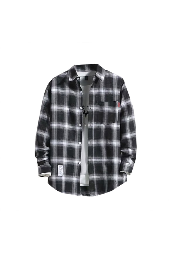Mens Plaid Long Sleeve Button Down Shirts,Black XXXL