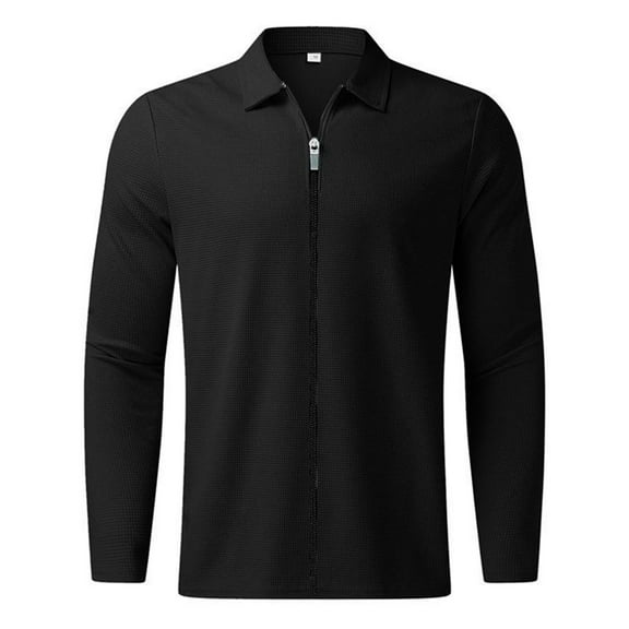 eileial Polo Shirts for Men Casual Zipper Shirt Turn Down Collar Stripe Polos Shirt formal Shirt Mens Long Sleeve Tops Polo Shirts for Men,Black M