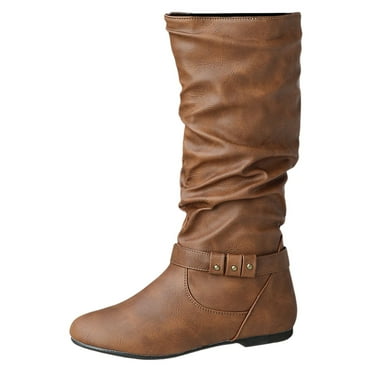 eileial Retro Pleated Pile Boots Flat High Boots Versatile Boots(Brown,8)