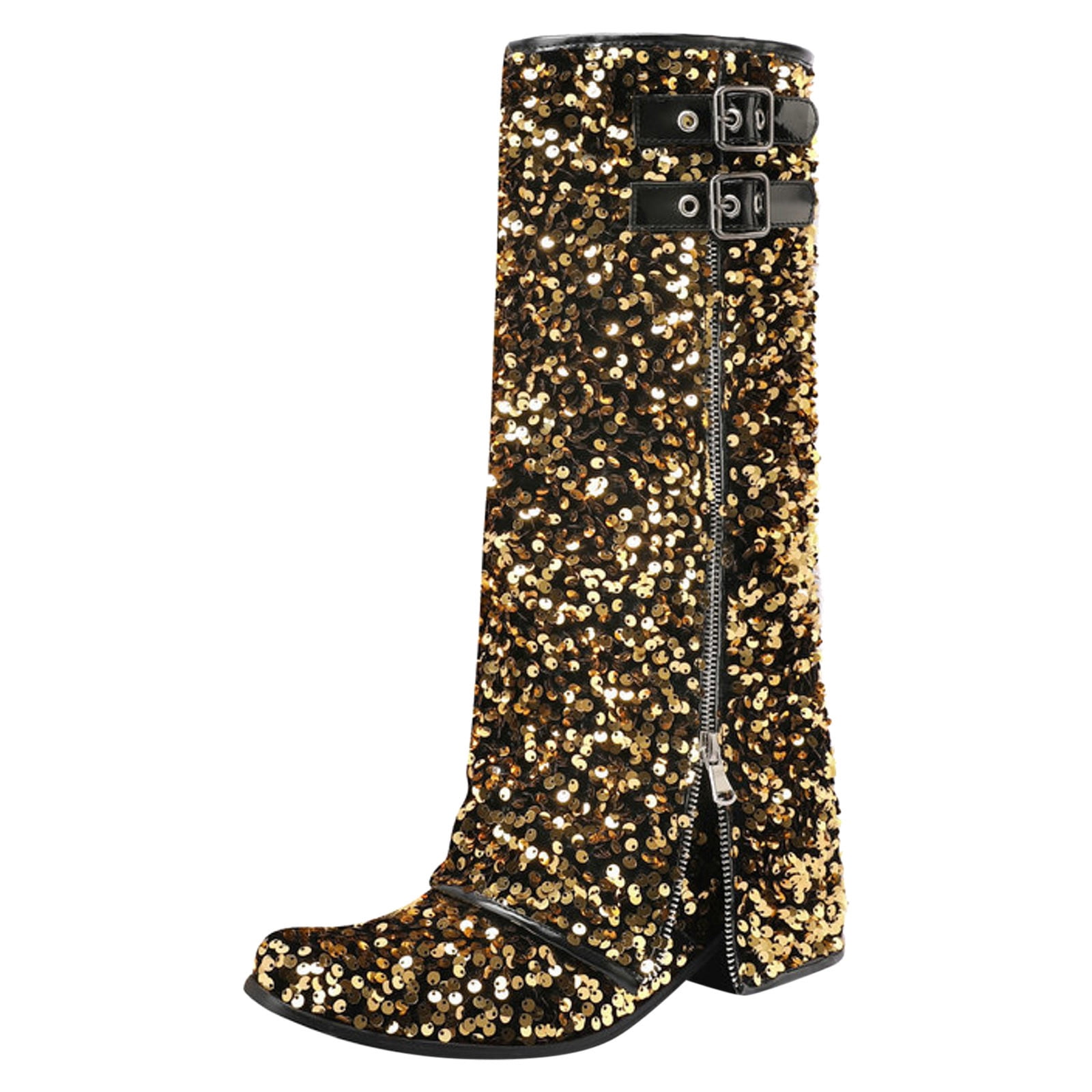 eileial Sparkly Sequin Platform Boots Biker Motorcycle Riding Boots Mid Calf Heeled Boots Black 8 Walmart