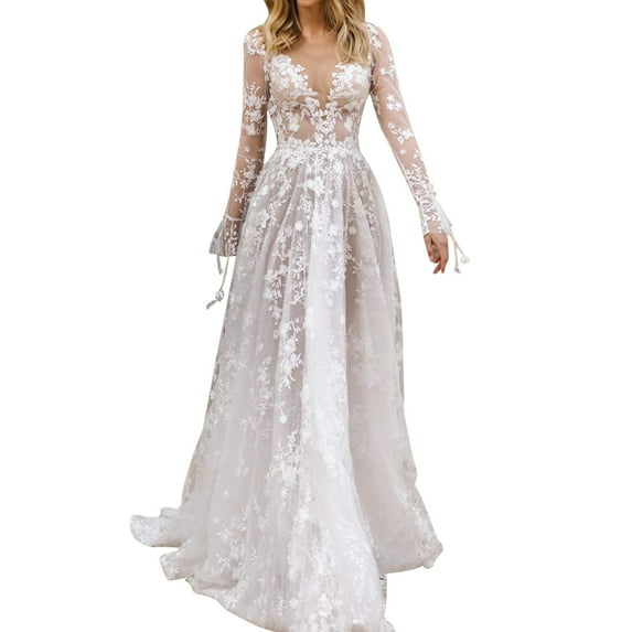 eileial Summer Dresses for Women V Neck Short Sleeve Floral Lace Wedding Dress Bridesmaid Party Maxi Dress(White,M)