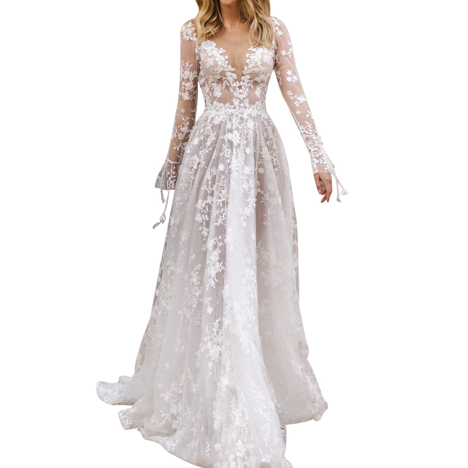 Ecosunny Women's Deep V Neck Lace Maxi Dress | Floral Bridesmaid Party Gown | Short Sleeve Long Dress (A-white, Medium)