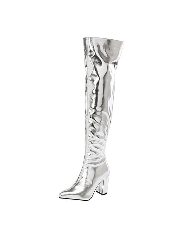Thigh High Boots for Women Metallic Sparkle Fashion Sexy Block Heel Over The Knee Boots Pu Leather Pointed Toe Party Dance Tall Boots Long Boots,Silver 7