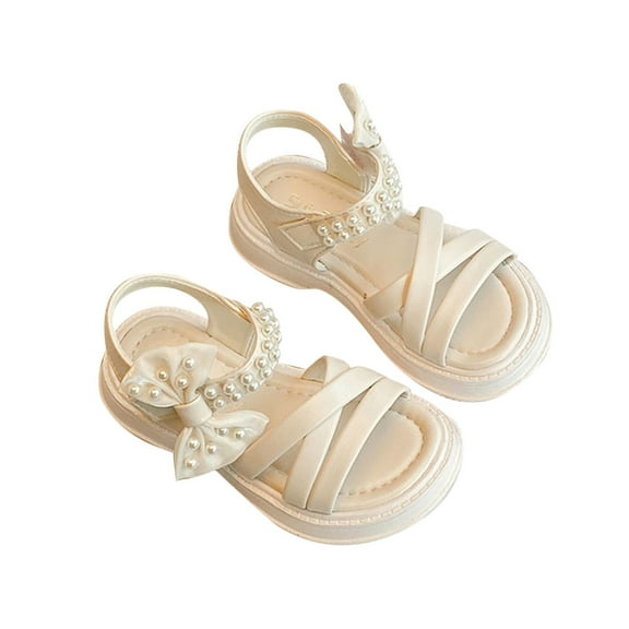 eileial Toddler Girl Sandals -Flower Girl Dress Shoes Open Toe Little Kid Summer Flats,Beige 9.5