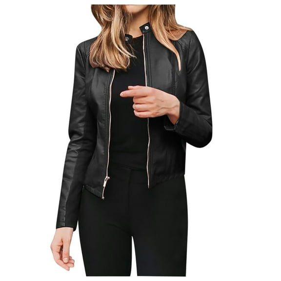 eileial Women Faux Leather Jacket Zip up Short PU Biker Outwear Fitted Slim Cropped Coat,Black XXL