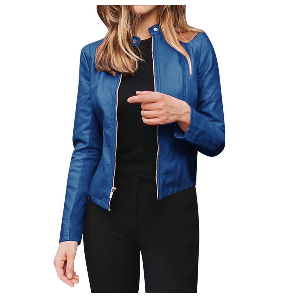 eileial Women Leather Jacket Zip up Short PU Biker Outwear Fitted Slim Cropped Coat,Blue XXL