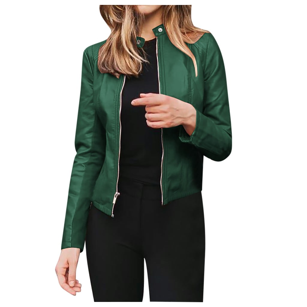 eileial Women Leather Jacket Zip up Short PU Biker Outwear Fitted Slim Cropped Coat,Green S