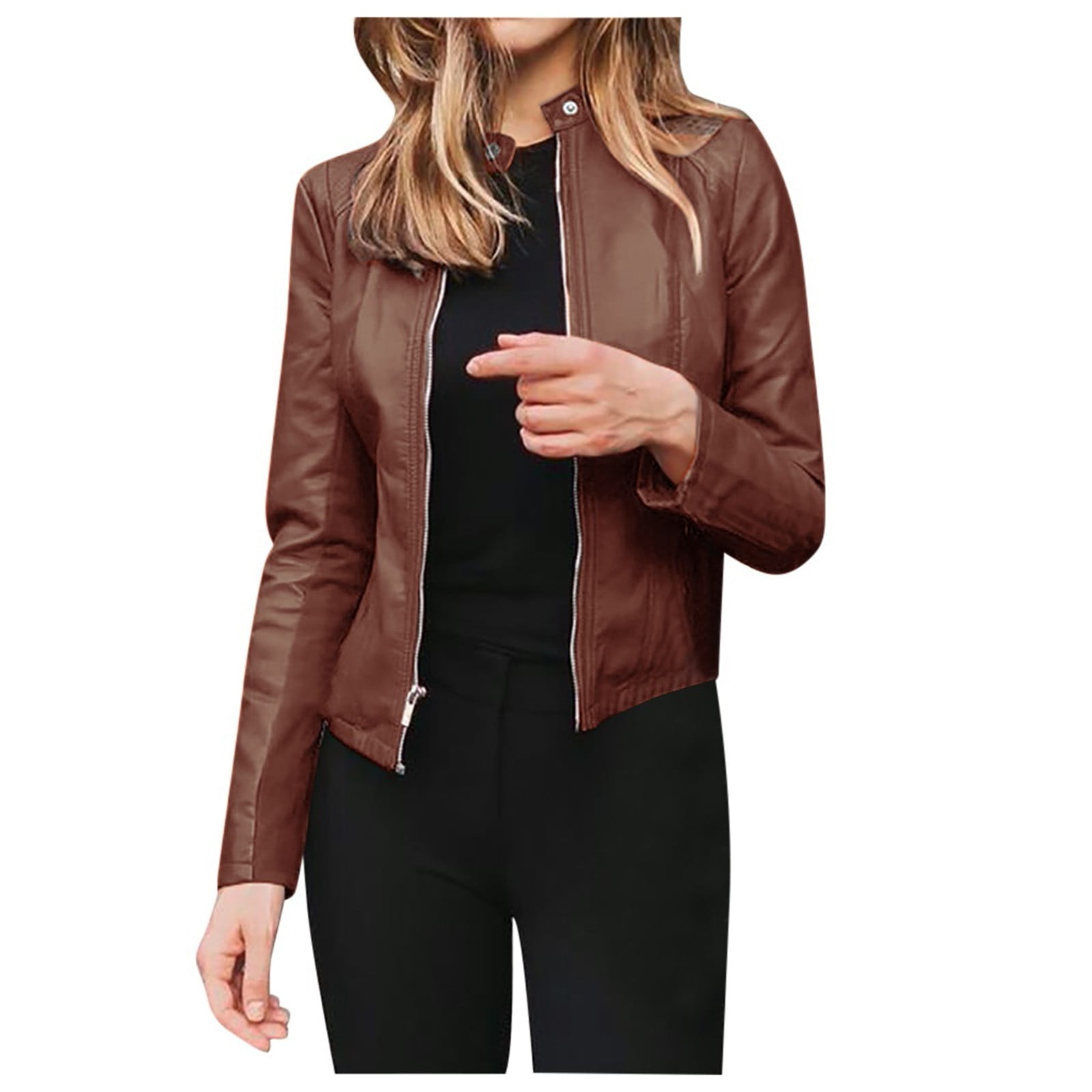 eileial Women Leather Jacket Zip up Short PU Biker Outwear Fitted Slim Cropped Coat,Orange M