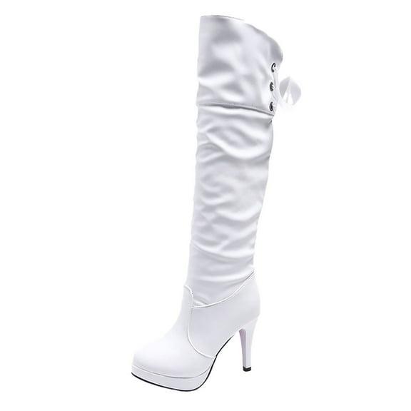 eileial Women Thigh High Boots Suede Over The Knee High Boots Platform Heel Stretch Boots Zip,White 7.5