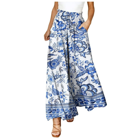 eileial Women Wide Leg Pants High Waisted Floral Boho Palazzo Culottes Casual Flowy Tie Knot Trousers with Pockets,Blue M