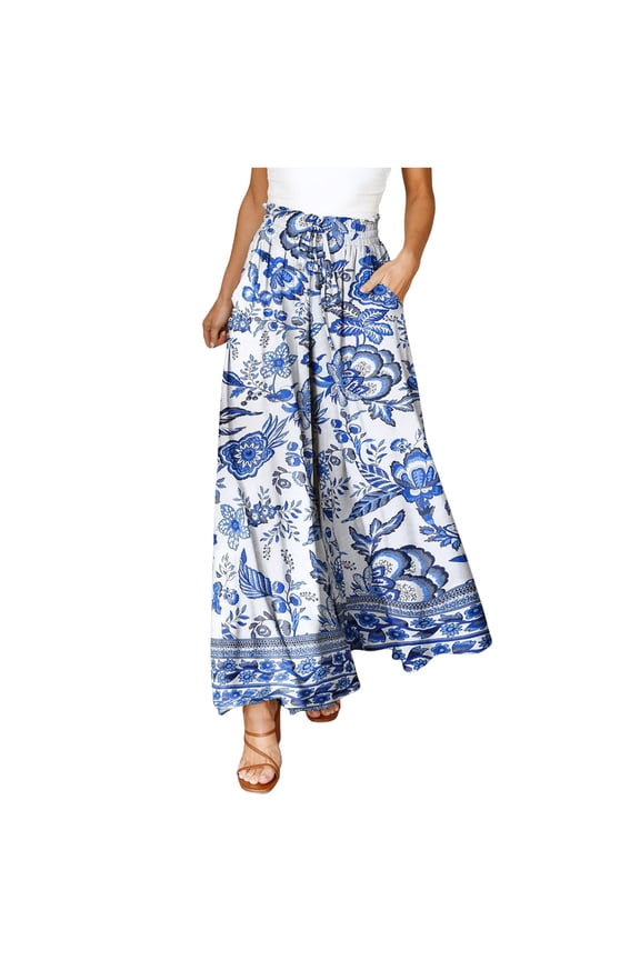 Women Wide Leg Pants High Waisted Floral Boho Palazzo Culottes Casual Flowy Tie Knot Trousers with Pockets,Blue M