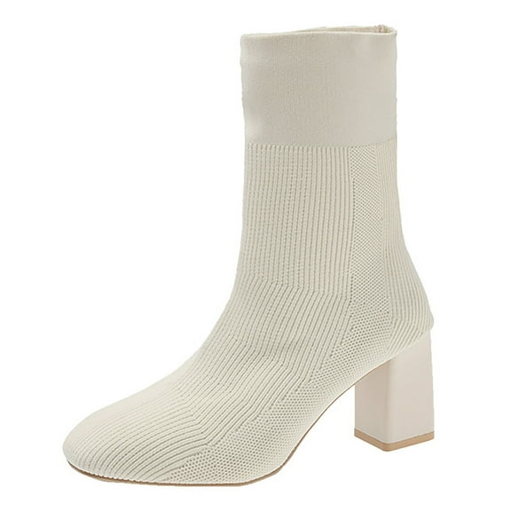 eileial Women's Ankle Boots Pointed Toe Chunky High Heel Slip-on Stretchy Booties Shoes,White 6.5