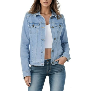 eileial Women's Basic Button Down Stretch Fitted Long Sleeves Denim Jean Jacket,Light Blue XXL