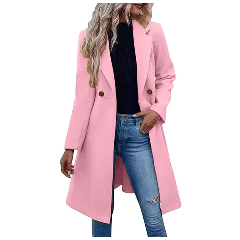 eileial Women s Basic Double Mid Long Wool Blend Pea Coat Pink M Walmart