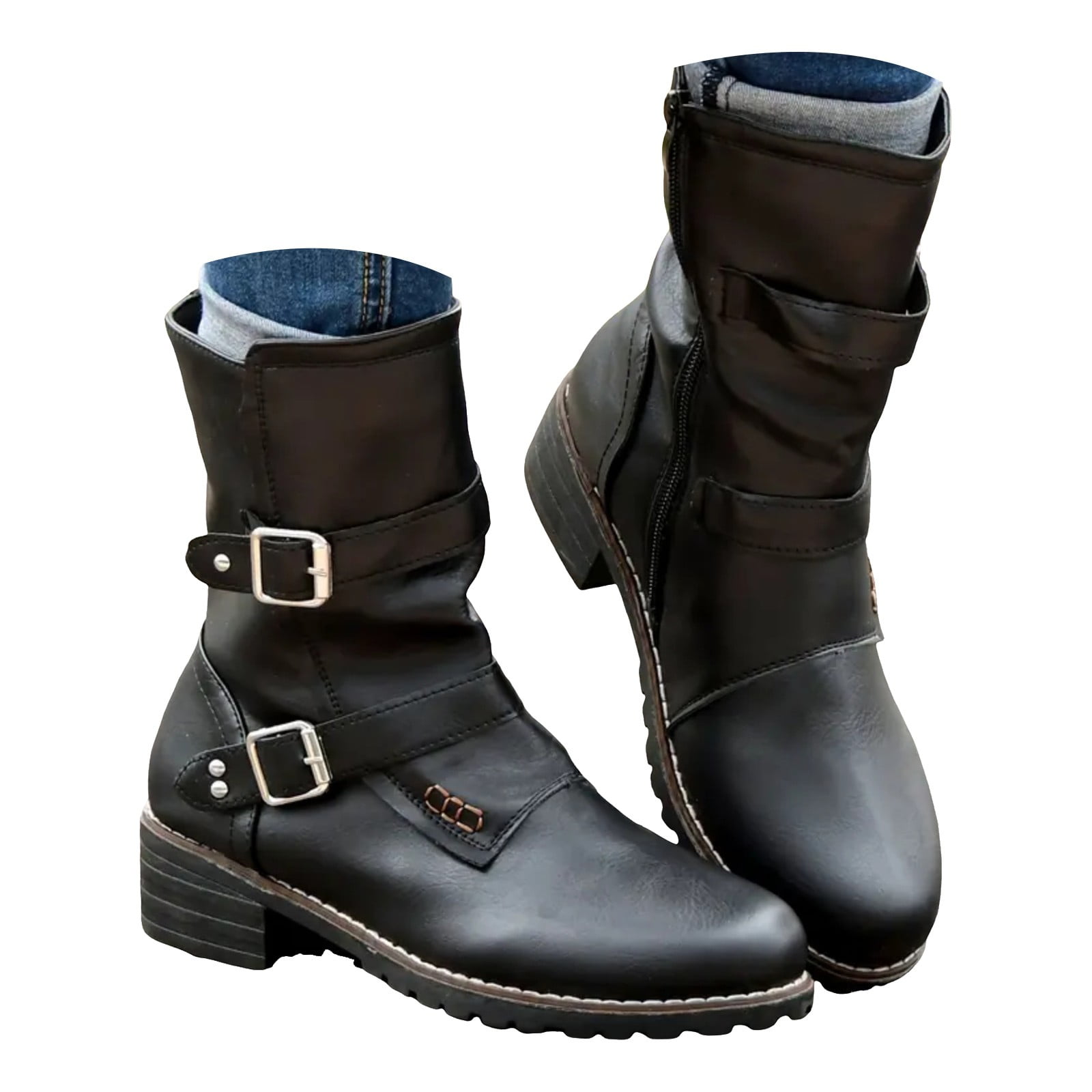 eileial Women's Biker Boots Lace up Mid Calf Motorcycle Fashion