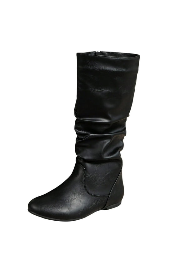 Women's Knee High Boots Flat Low Heel Pointed Toe Winter Shoes with Side Zipper(Black,8)