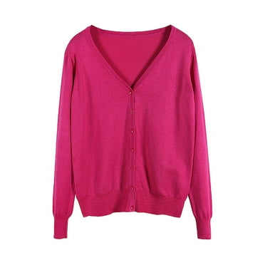 eileial Women's V Neck Sweaters Casual Open Front Button Down Cardigan Comfy Knit Outerwear Basic Solid Color Sweater Coat Fall,Hot Pink M