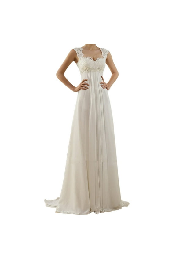 Women's Wedding Dress Lace V-Neck Evening Dress Bridal Gown Beach Wedding(White,XL)