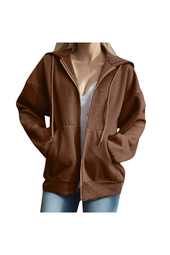 Women's Zip up Hoodie Sweatshirt Long Sleeve Oversized Casual Streetwear Jacket,Coffee XXL
