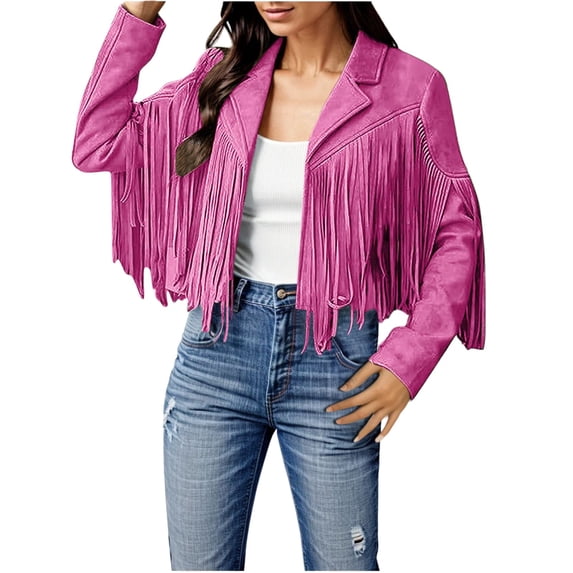 eileial Womens Fringe Suede Leather Jackets Fashion Tassel Motorcycle Cropped Coats Fall Outfits(Hot Pink,XL)