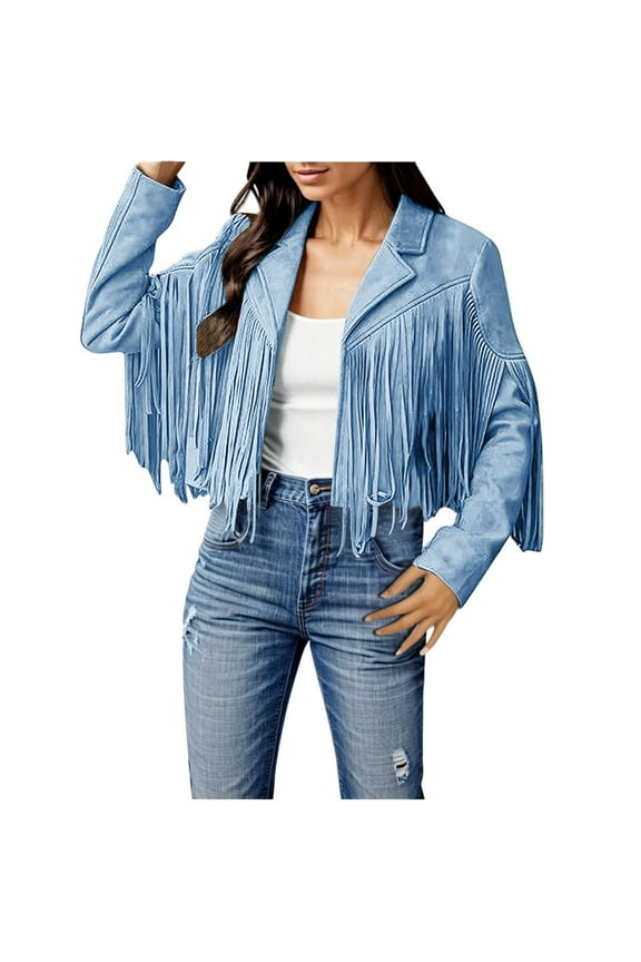 Womens Fringe Suede Leather Jackets Fashion Tassel Motorcycle Cropped Coats Fall Outfits(Sky Blue,3XL)