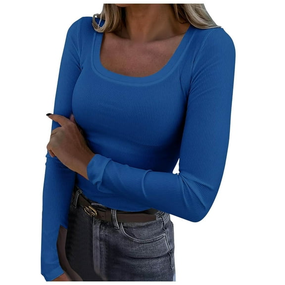eileial Womens Long Sleeve Scoop Neck Ribbed Knit Fitted Casual Tops Tee Slim Basic Shirts Fall Going Out Sexy T-Shirts,Blue L