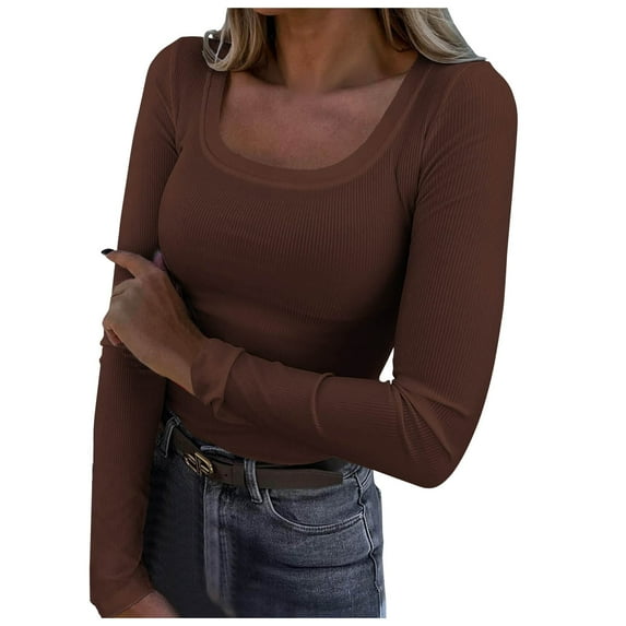 eileial Womens Long Sleeve Scoop Neck Ribbed Knit Fitted Casual Tops Tee Slim Basic Shirts Fall Going Out Sexy T-Shirts,Brown XXL